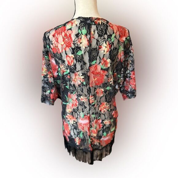 Floral Lace Fringe Kimono Boho Festival Sheer Open Front Cardigan Overlay Large - Picture 3 of 5